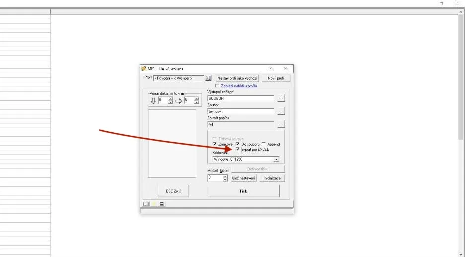 Okno tisku s volbou Export pro Excel v PC Doktor